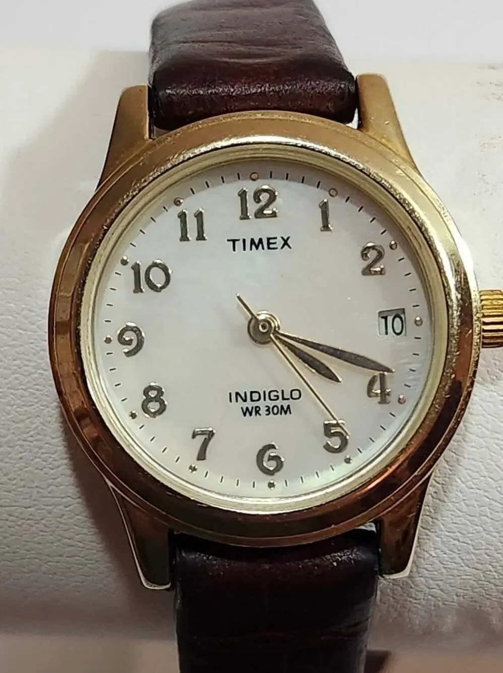 Timex Indiglo Women's Gold Tone Mother of Pearl Dial Brown Leather Strap Watch
